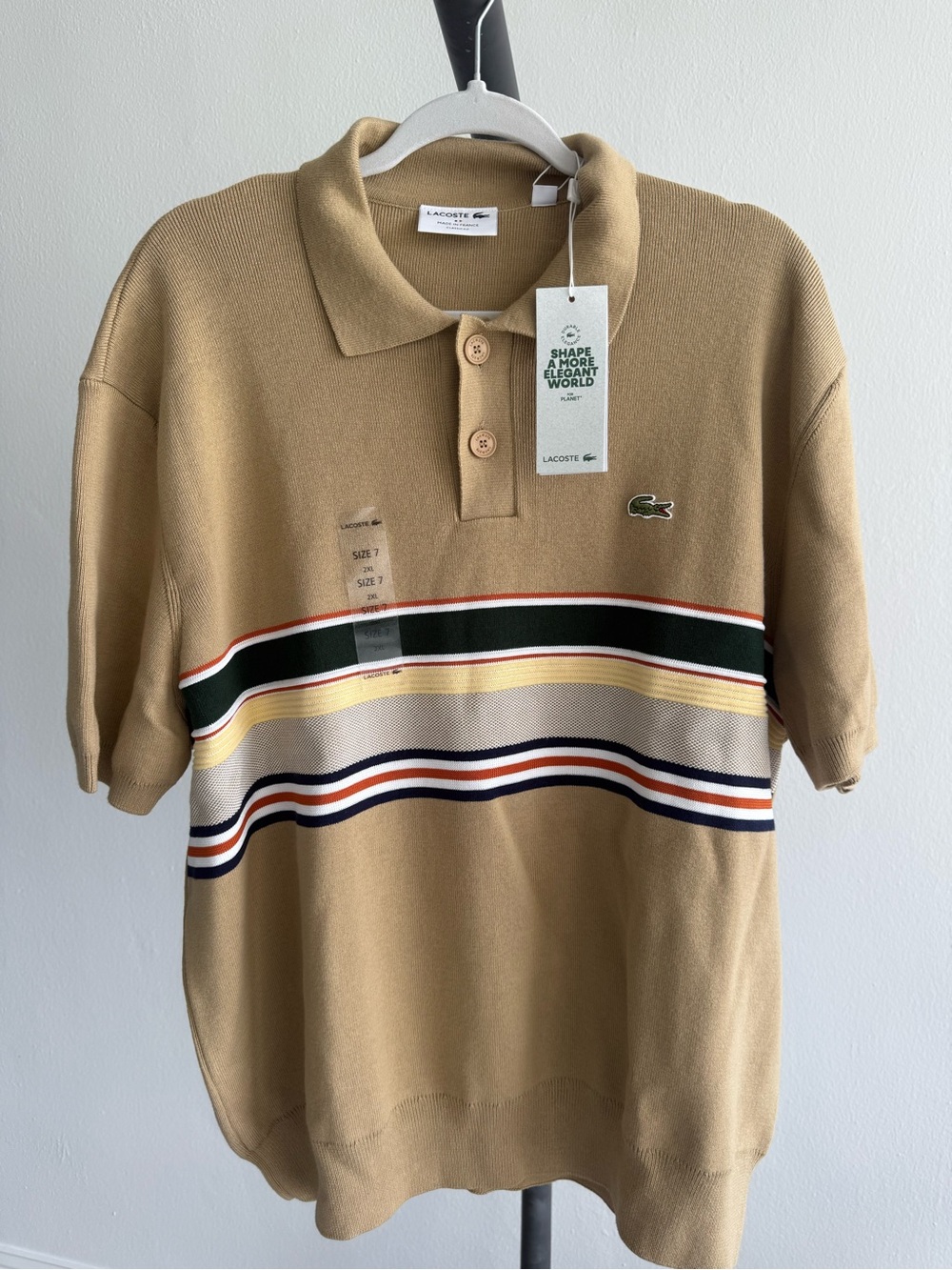 Lacoste Made in France Polo Shirt 2XL Tan Striped Cotton Wool F74929